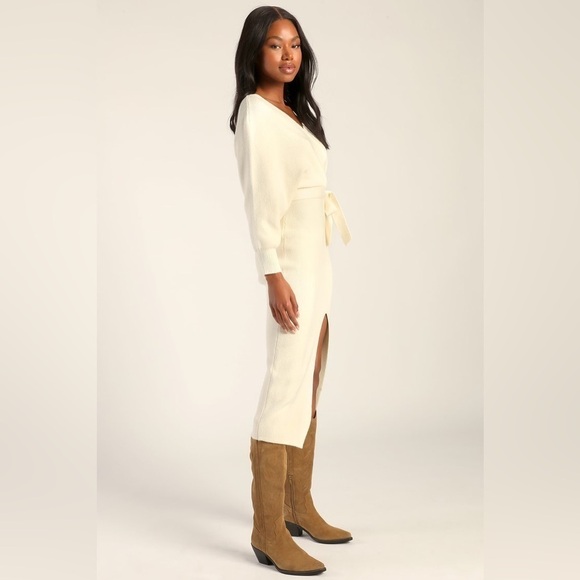 LULU’S Fall Into Fashion Ivory Dolman Sleeve Sweater Dress - Picture 2 of 4